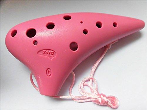 TNG Ocarina, 12-Hole Alto, Pink, Plastic, C Key, AC (with Strap), with Brass Tube, Resin, Pink
