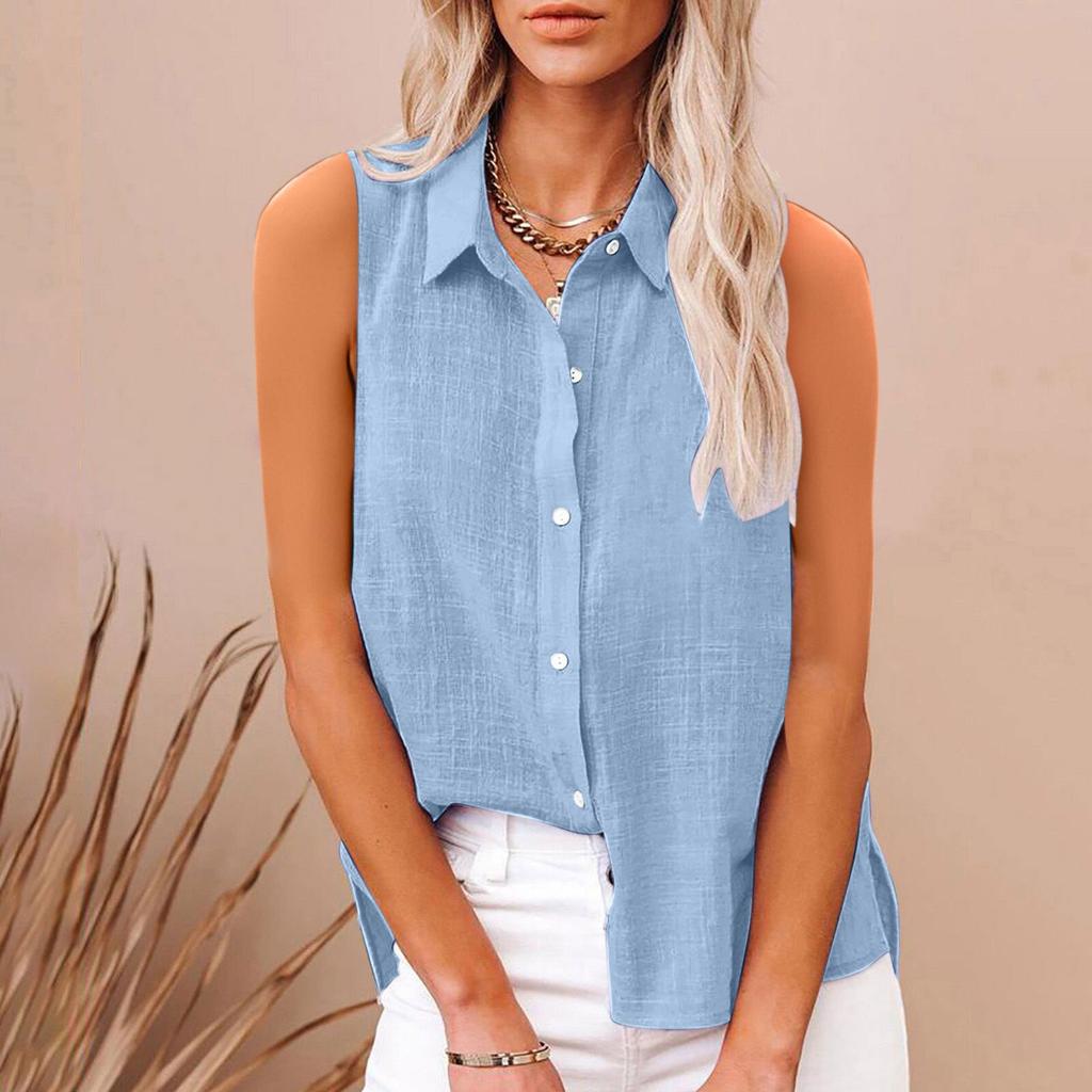 2025 European and American summer popular lapel cotton and linen buttons, sleeveless shirts women's clothing, shirts