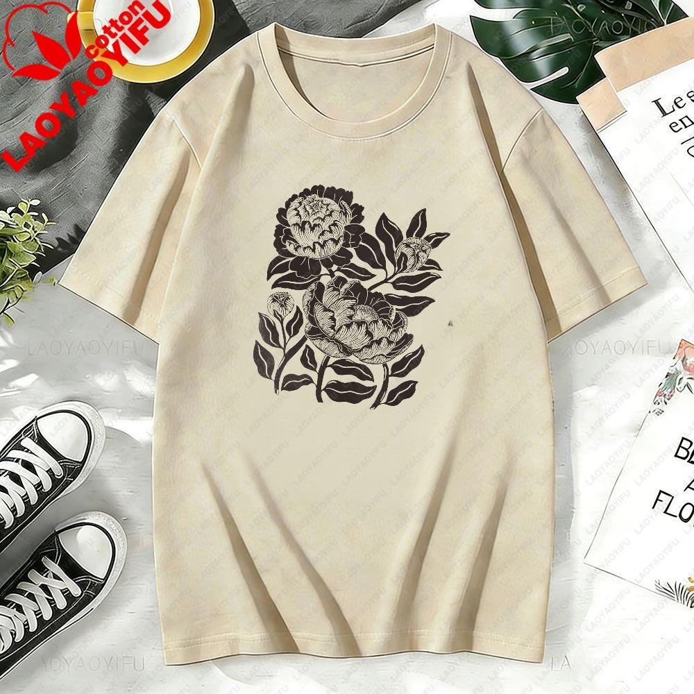 Peony Floral Ringer Tee Vintage Botanical TShirt Cottagecore Flower Shirt Retro Linocut Floral Tee Boho Garden Graphic Shirt
