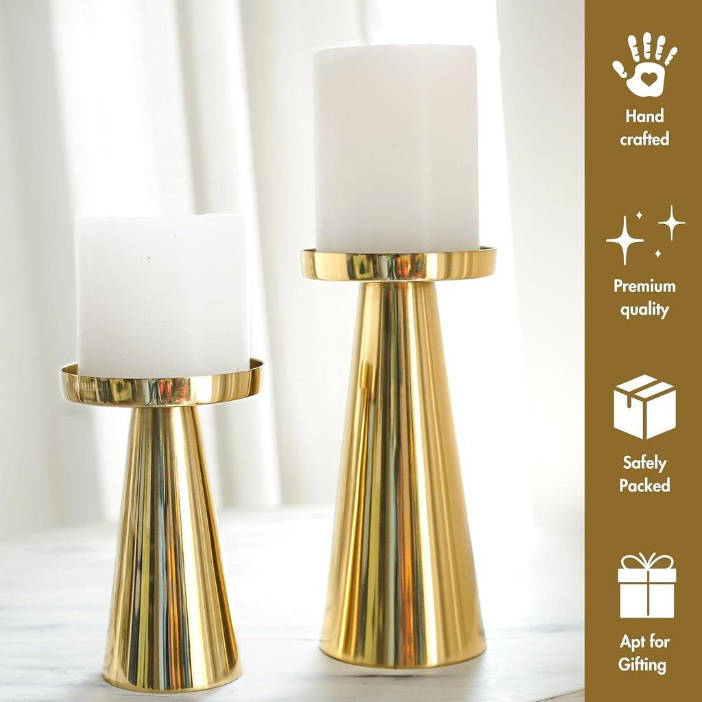 Solid Large Set of 2 Metal Pillar Candle Holders with Gift Box