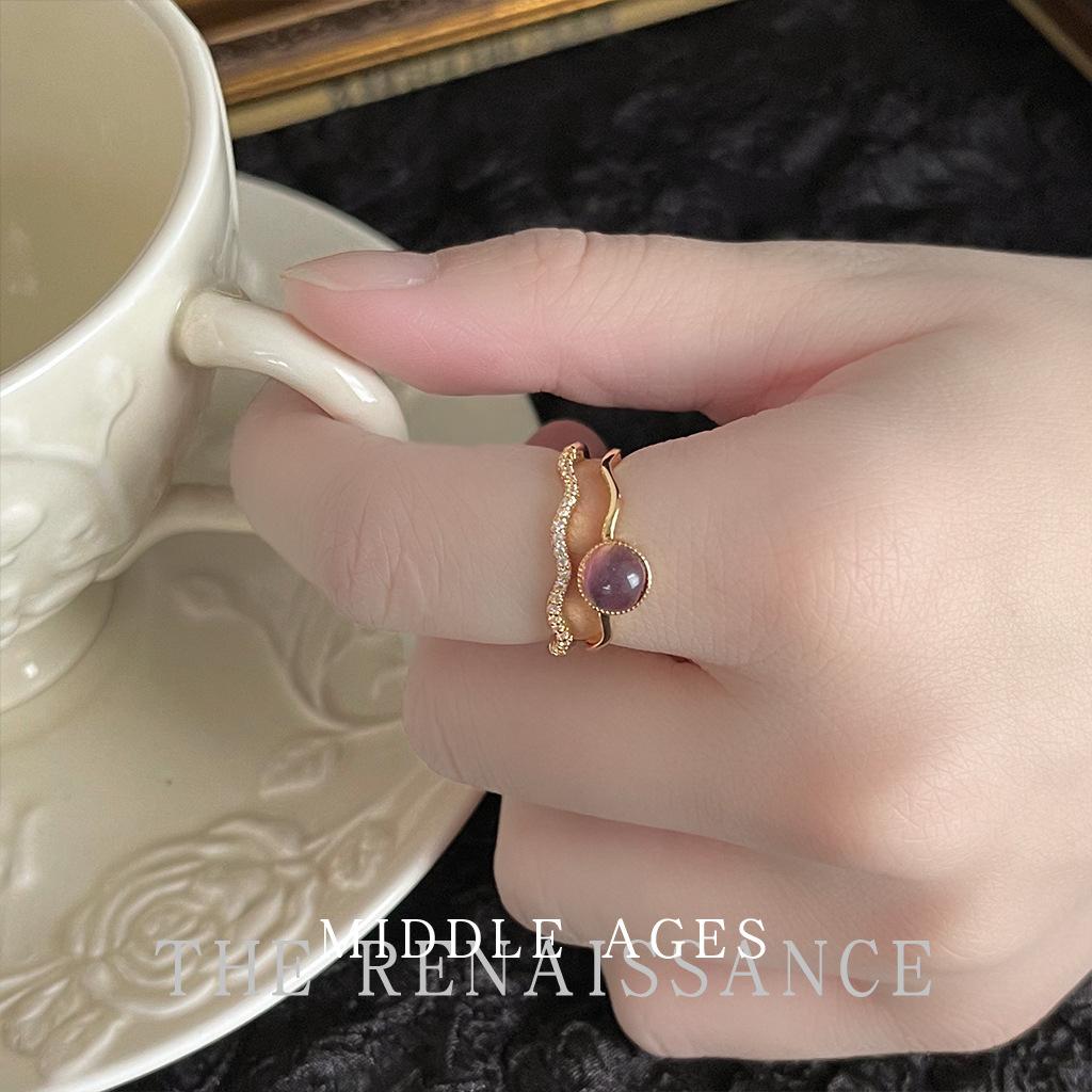 Medieval zircon-set purple opal index finger ring Hollow retro opening Adjustable ring