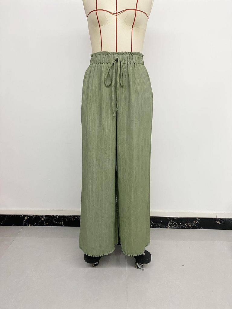 2026 Summer Casual Resort Trousers: Elastic Waist, Lace Patchwork, Solid Color, Wide Leg Pants