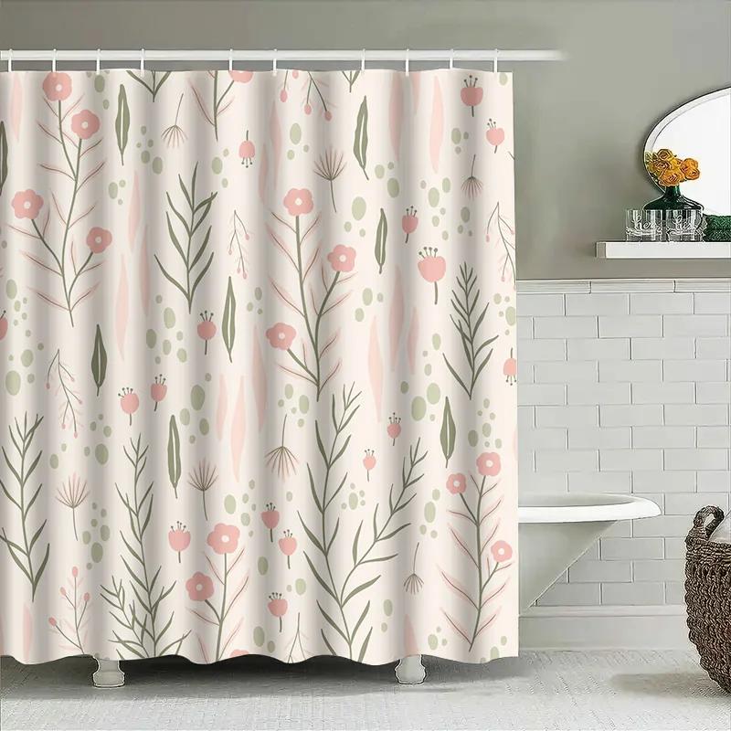 Elegant Floral Shower Curtain Pink Green Pattern For Bathroom Decor Modern Home Decoration Waterproof Fabric Shampoo Gel Storage