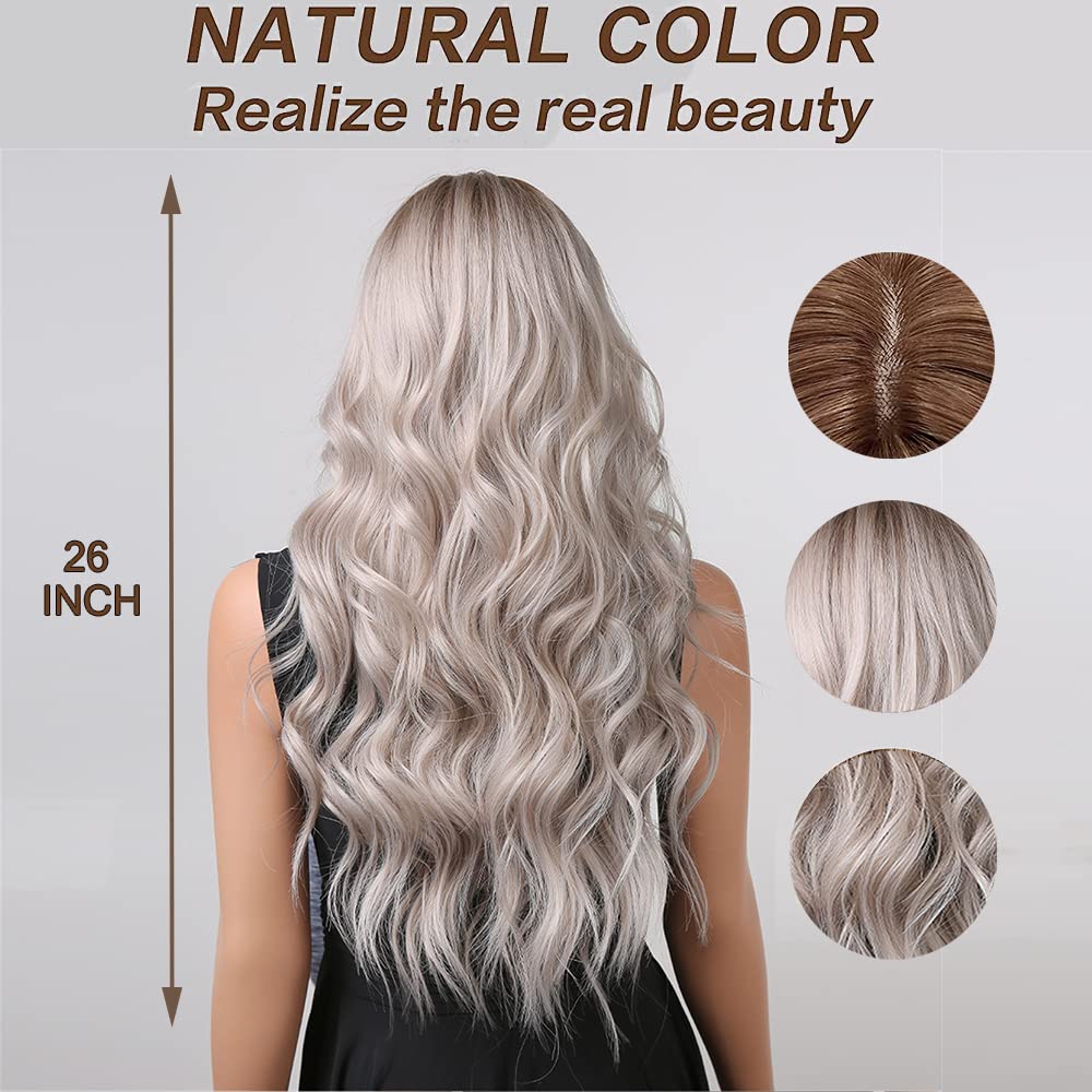 HENRY MARGU Dlouhá střední část Vlnitá syntetická paruka pro ženy Ombre Šedá Světle popelavá Blond Paruky Tmavé kořeny Umělé vlasy při vysoké teplotě