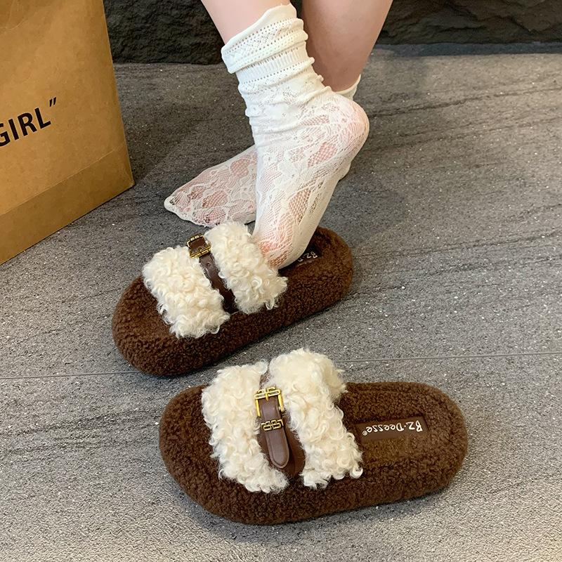 Retro Dicksohlige Flauschige Hausschuhe Damen Outdoor 2025 Herbst und Winter Koreanische Version Bequeme Lockige Hausschuhe Ein-Wort Baumwollschlepper Damen