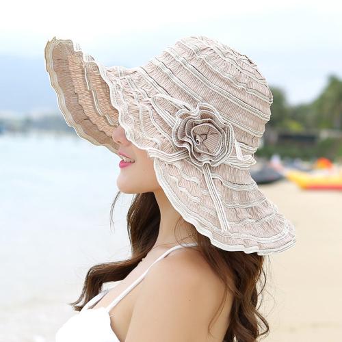 Ht1676 New Fashion Women Hat Korea Style Flower Packable Large Wide Brim Hat Anti-Uv Adjustable Ladies Floppy Beach Sun Hat