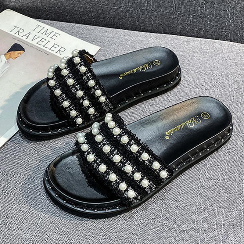 Fashion Big Size 33-44 Women Pearl Beaded Shoes Summer Tweed Slippers Flats Sandals Ladies Rivet Slippers Open Toe Slides Home Pantuflas