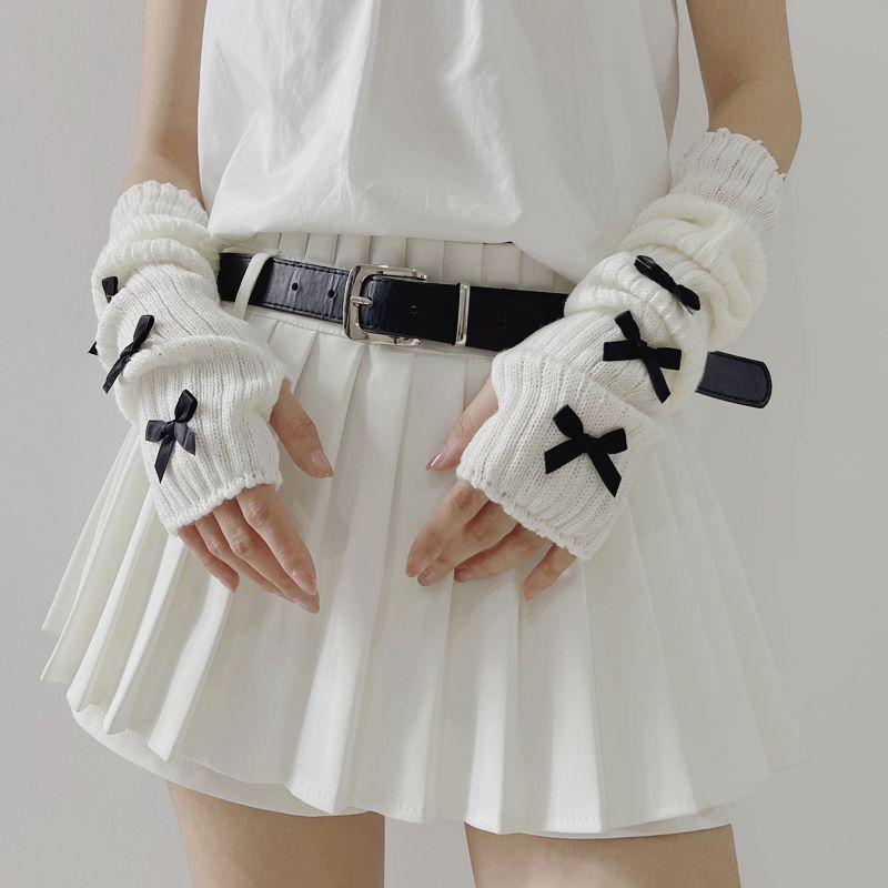 

XINGX Oversleeves Japanese Cute Young Adult Lolita Knitting Arm Protection Sleeve Subculture Y2g Sexy Oversleeves Student White + black knot One size