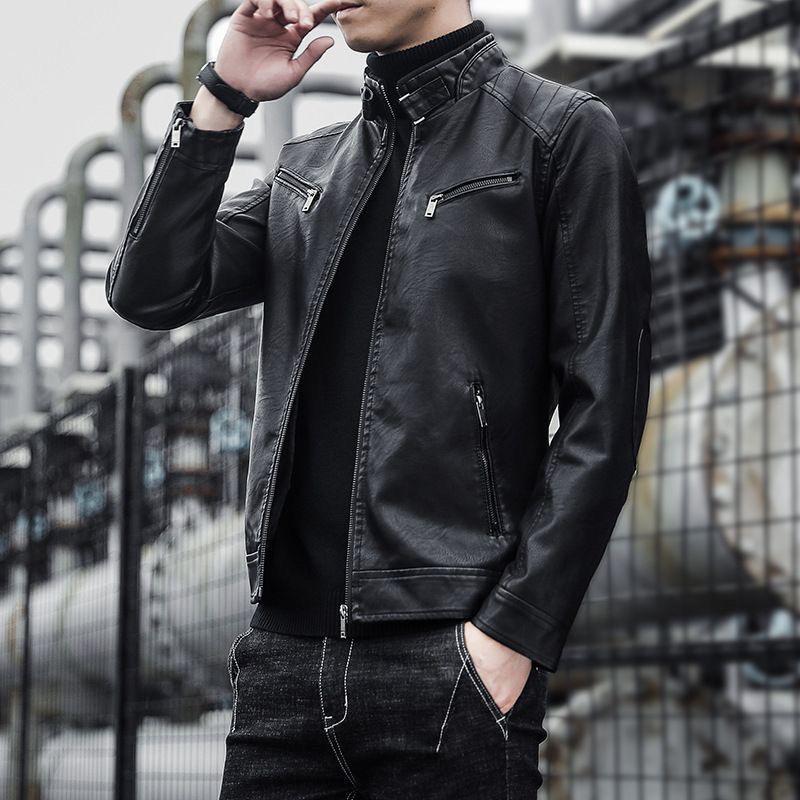 Men's Leather Jacket Spring and Autumn Thin Short Trendy Handsome Locomotive Leather Jacket Autumn and Winter Velvet Thickened Men's Jacket