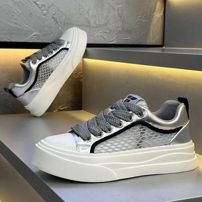 Multicolored, Versatile, Fashionable, Mesh, Breathable, Thick-soled, Flat-heeled, Lace-up Men's Vulcanized Board Shoes