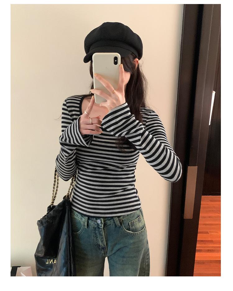 Korean Square Neck Flare Sleeve Slimming Retro Striped Long Sleeve Top for Women