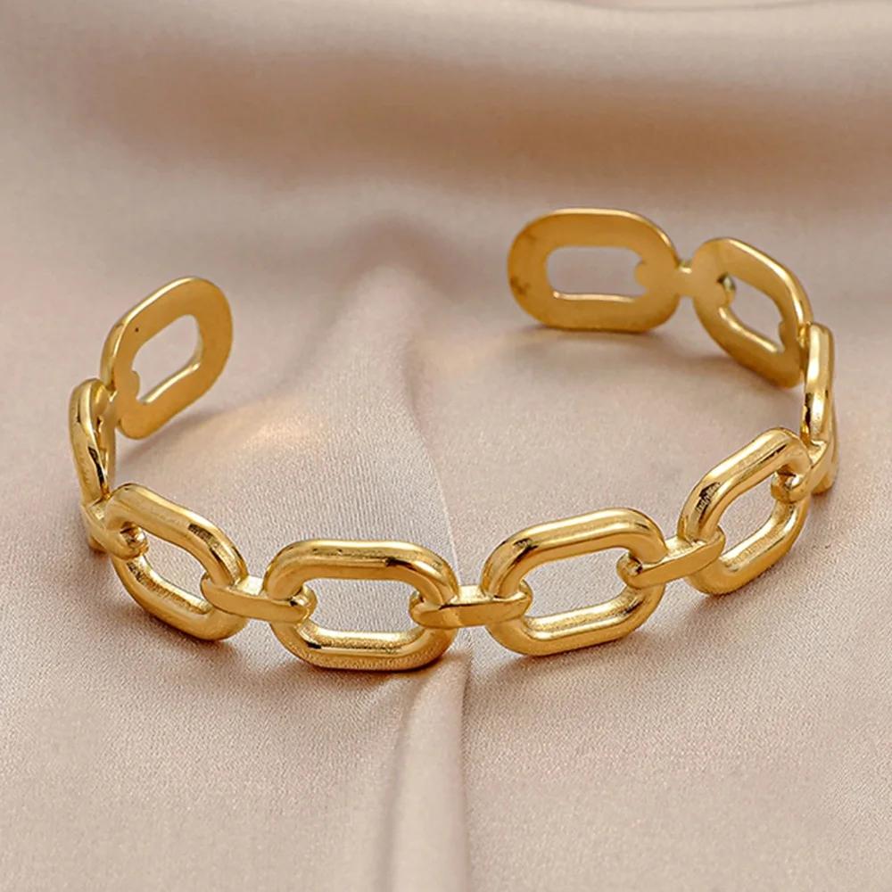 

Square Link Hollow Out Open Cuff Bracelet for Women Stainless Steel Vintage Gold Color Bangle Minimalist Wedding Jewelry Gift