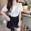 Women's Casual Square Collar Solid Short Sleeve Buttons Knitted Hollow Out T-Shirt