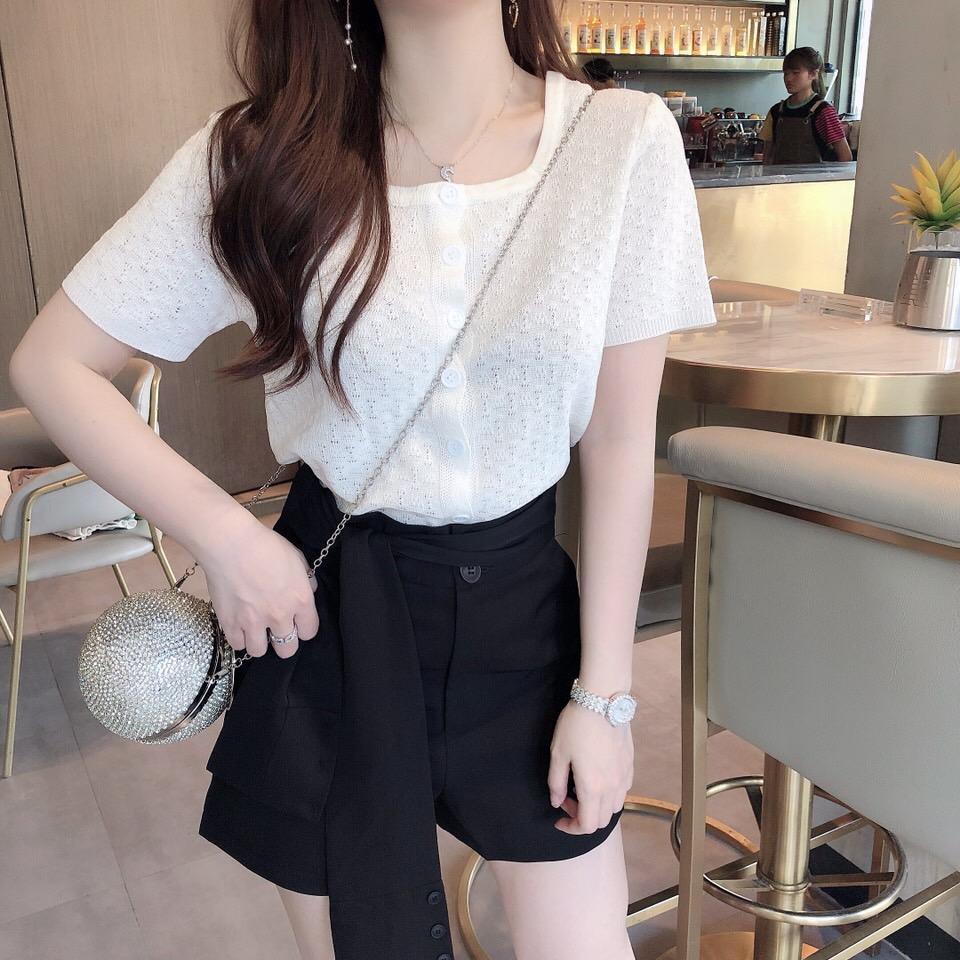 Women's Casual Square Collar Solid Short Sleeve Buttons Knitted Hollow Out T-Shirt
