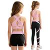 Girls U Neck Cropped Vest Cross Back Keyhole Contrast Color Pants Shorts 3Pcs Sports Set