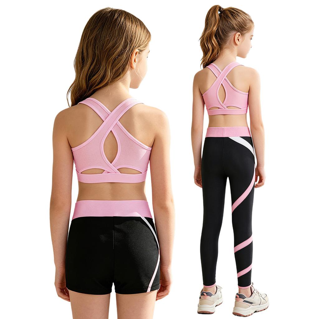 Girls U Neck Cropped Vest Cross Back Keyhole Contrast Color Pants Shorts 3Pcs Sports Set