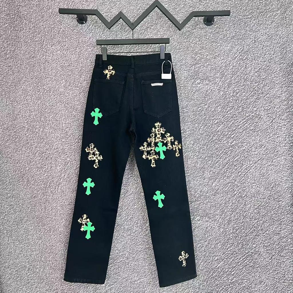 9922 CHROME HEARTS Men's and Women's American Style Trendy Jeans with Fabric Patches, Casual and Fashionable High Street Pants