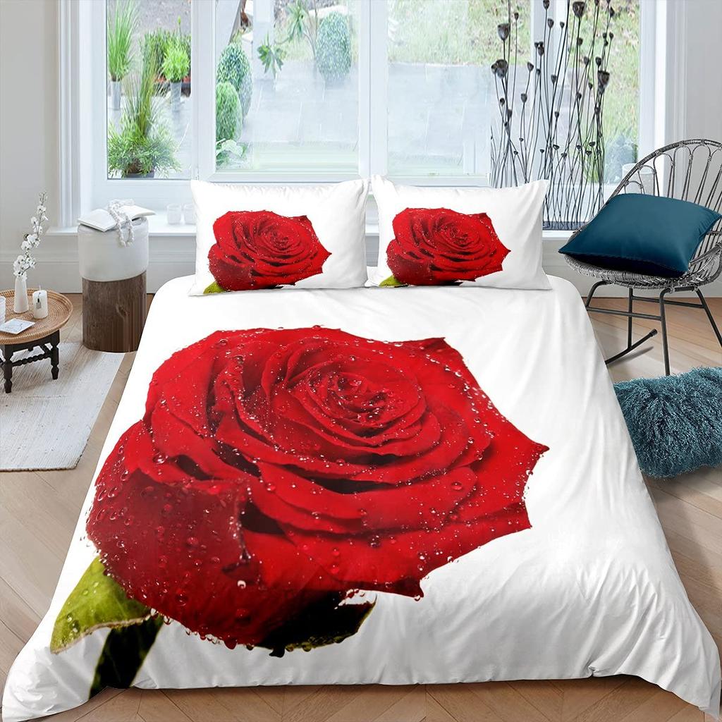 Ensemble Housse de Couette Rose Rouge Ensemble de Literie Imprimé Fleur de Rose Style Romantique Frais Taille King Housse de Couette avec Taies d'Oreiller pour Amoureux