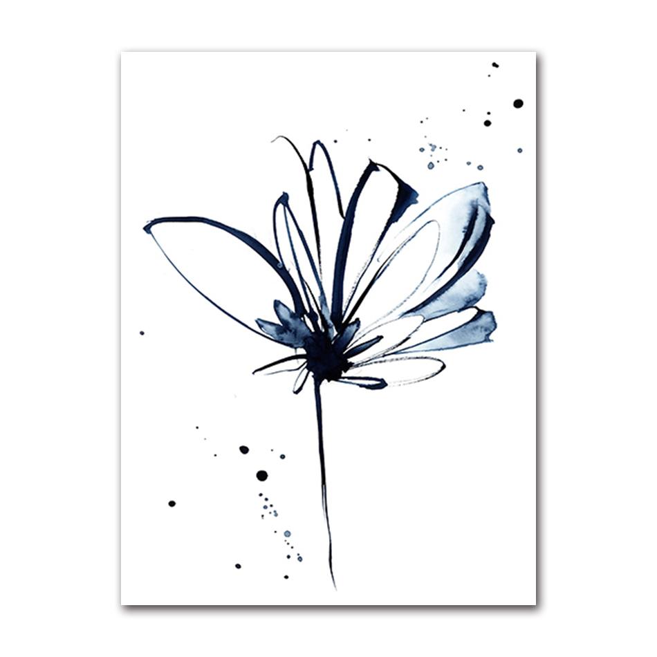 Watercolor Flower Poster Abstract Ink Blue Leaf Wall Painting Art On Canvas Modern Minimalist Image  Mural Roomdecoration