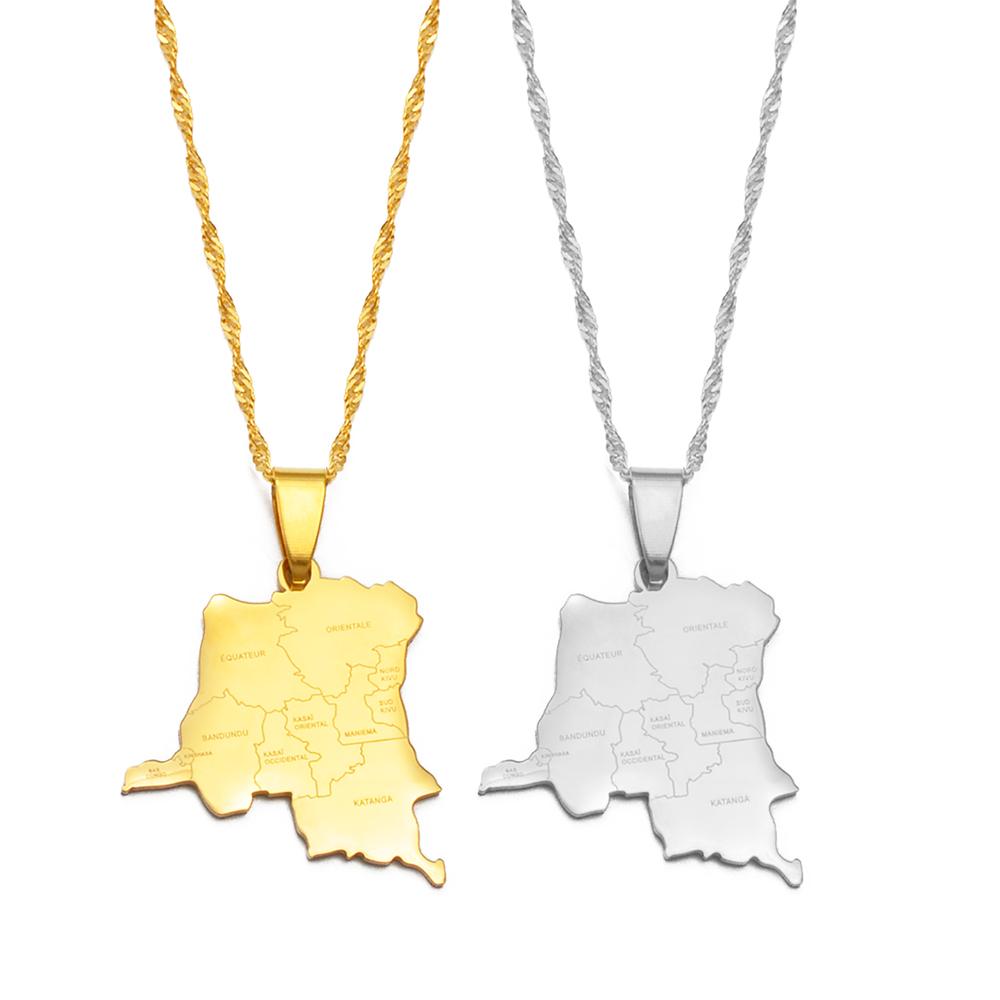Anniyo the Congo Map With Cities Name Pendant Chain Necklaces DRC Kinshasa Jewelry Congolese #271321