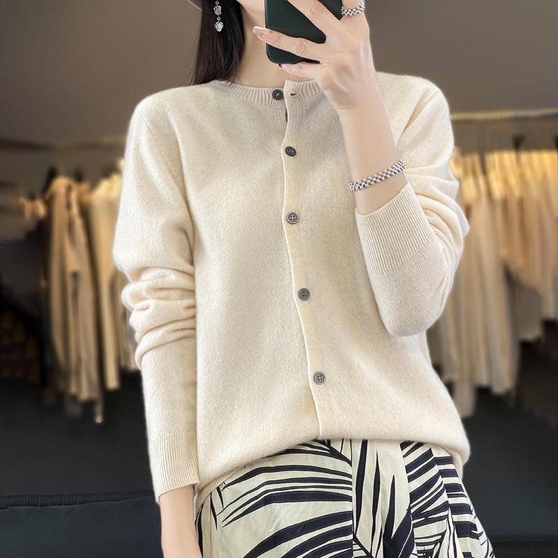 Women's Wool Cardigan: Autumn/Winter Round Neck Long Sleeve Knit Sweater, Slimming & Loose Fit