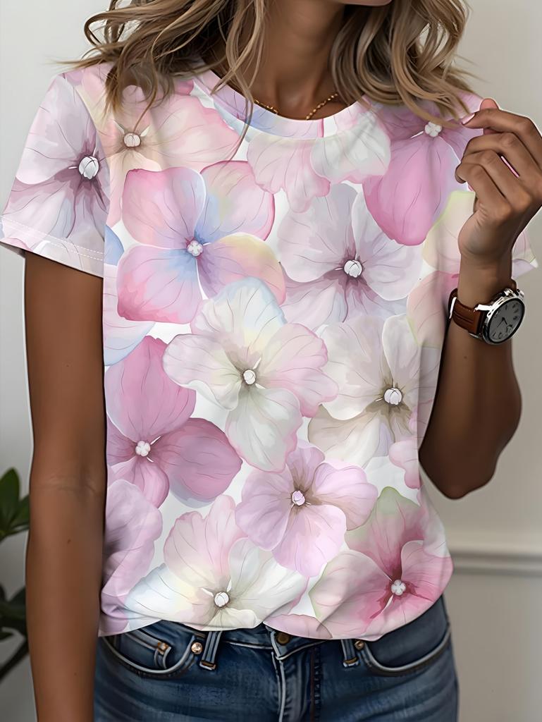 European and American Trendy Women's Pullover Round Neck 3D Flower Digital Printed Top Summer Short Sleeve Loose Women's T-Shirt