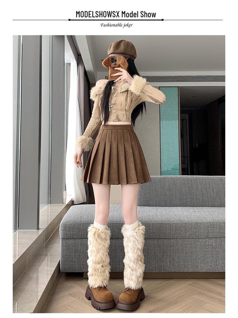 Coffee Maillard Suede A-line Pleated Skirt - Women's Autumn/Winter Petite Leather-look Skirt