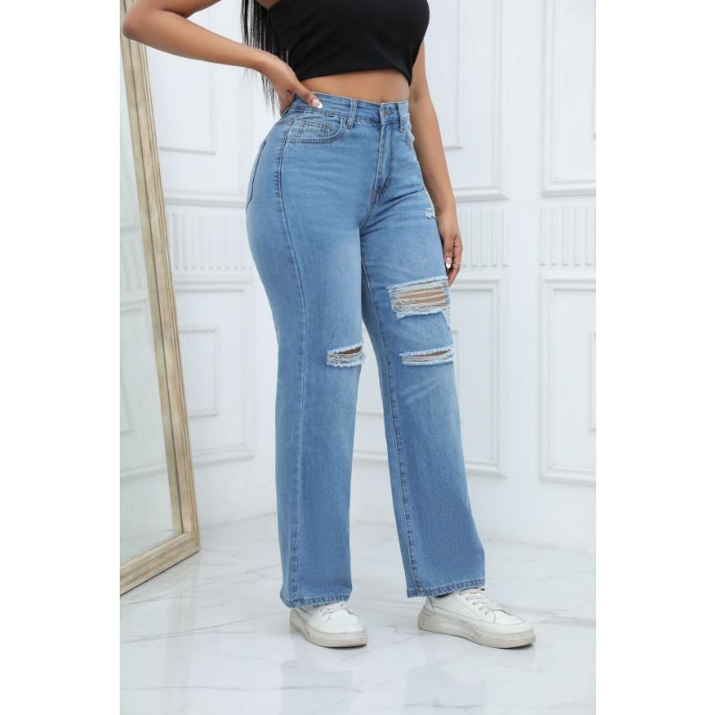 Elegant Mote Dame Ripped Jeans Ny Løs Avslappet Vide Ben Denim Bukser Kvinne Vintage Vår Høst Hull Bukser 901