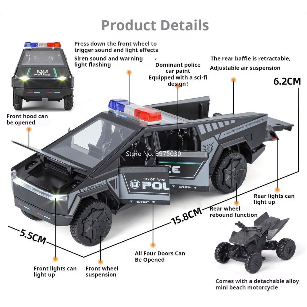 1:32 Pickup Alloy Cars Models Diecast Toys Pull Back Light Music Miniature Vehicles Doors Opened Police Car Kids' Edutainment