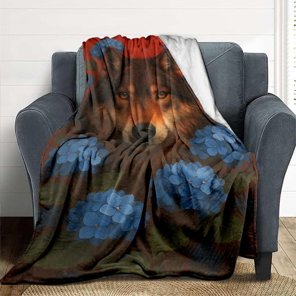 1pc Wolf, Blue Flowers Blanket - Lightweight Flannel Fleece with Digital Printing, Soft Warm for Sofa, Travel, Camping, Office yy251018258