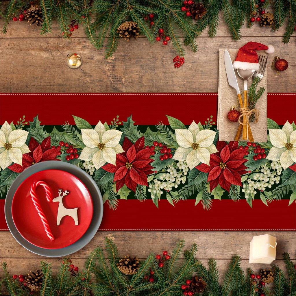 Merry Christmas Poinsettia Holly Berry Linen Table Runner Party Decor Washable Winter Dining Table Runners Christmas Decorations