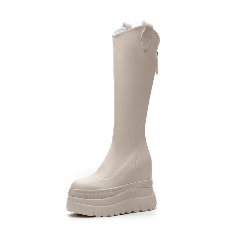 Fashion 12CM Microfiber Leather Platform Wedge Knee High Booties Women Autumn Slip on Spring Chimney Hidden Heels Over The Shoes
