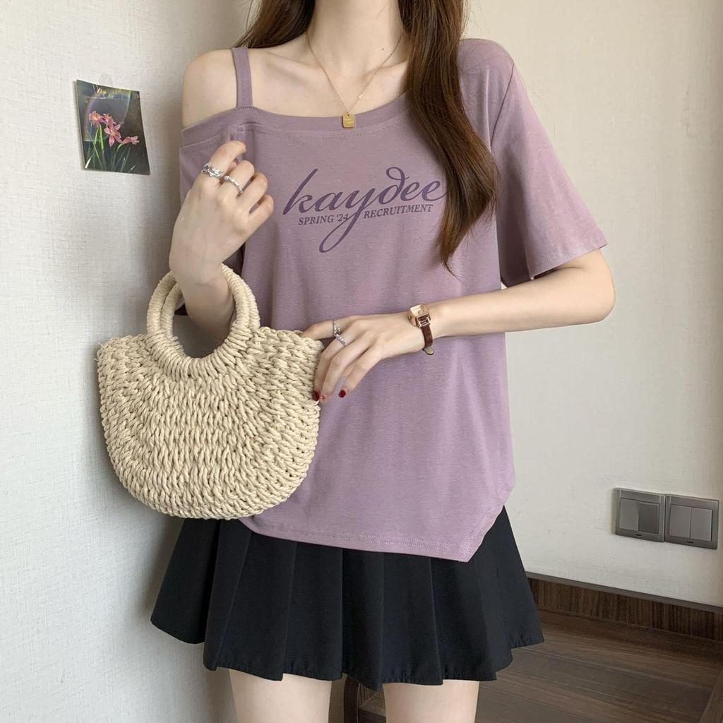 2025 Spring/Summer Plus Size Off-Shoulder Letter Print T-shirt - Women's Trendy Loose Slimming Fashion
