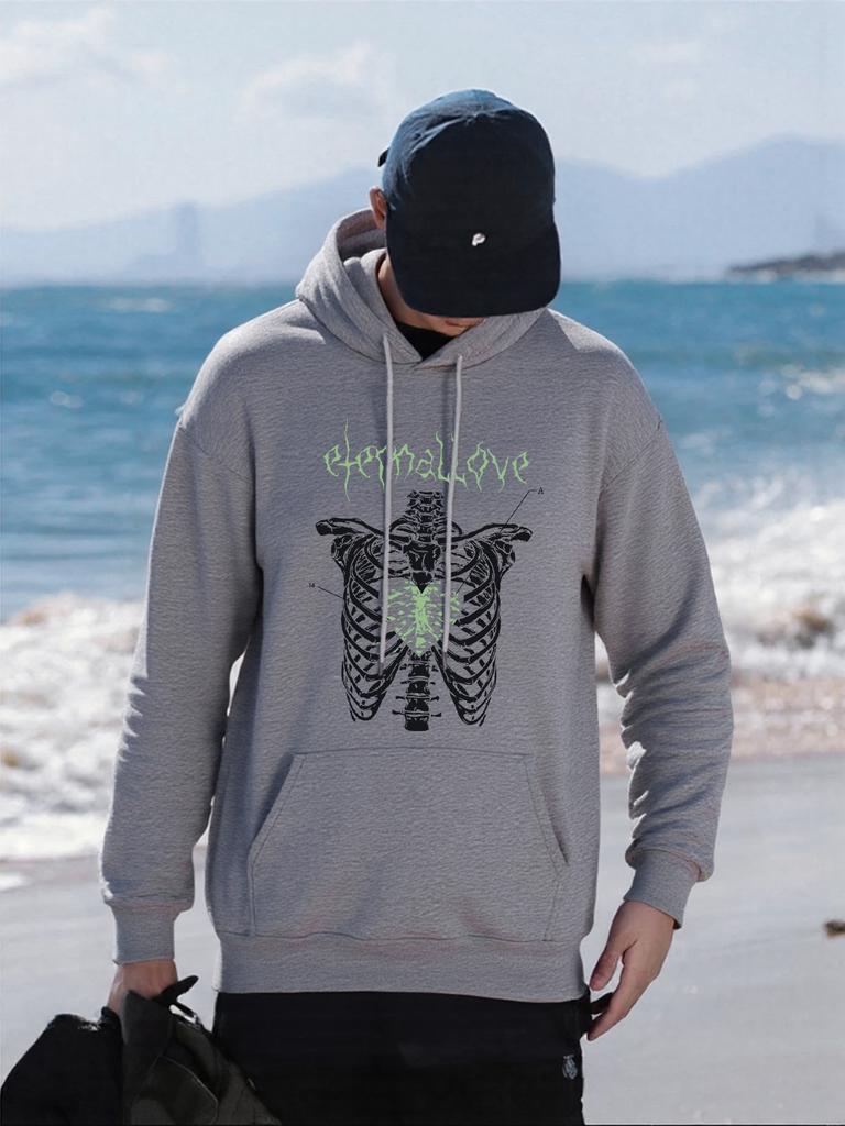 Love Heart Skeleton Print Men Hoody Comfortable Loose Hoodies All-Match Pocket Man Pullovers Fleece Autumn Unisex Sportswear