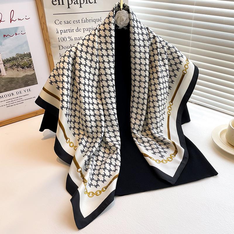 Rose Silk Scarf Women's Twill Silk Large Square Scarf Versatile Decorative Shawl Autumn and Winter Scarf Color Matching Fashion Yarn Sun Protection