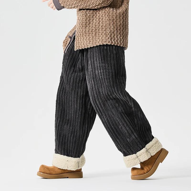 Pánské manšestrové ležérní fleecové kalhoty Zimní pánské bavlnou vycpané kalhoty Pánské silné teplé široké nohavice rovného střihu Pánské volnočasové kalhoty