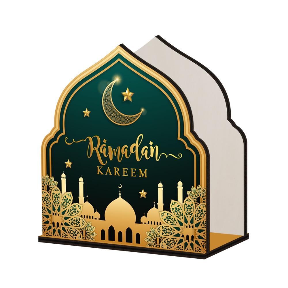 Wooden Eid Mubarak Tissue Box Anti-slip Tissue Storage Box Paper Towel Holder Islamic Holiday Style D