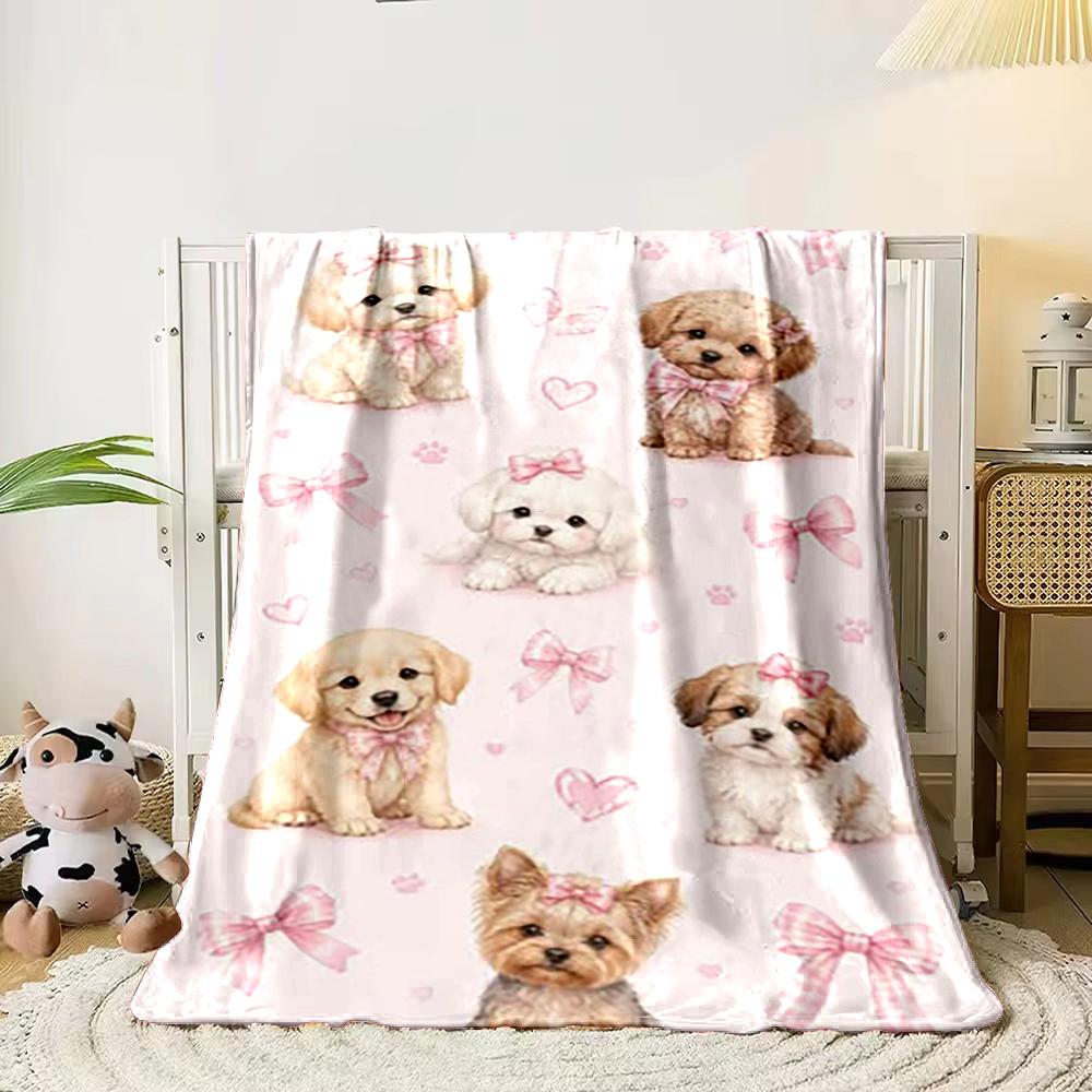 Cute Puppies with Pink Bows and Hearts Flannel Blanket for Bedroom Living Room Sofa and Nap