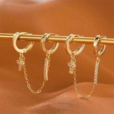 1 Pcs 925 Sterling Silver Zircon Tassel Cross Punk Stud Earrings For Women Girls Wedding Jewelry Pendientes Eh1265