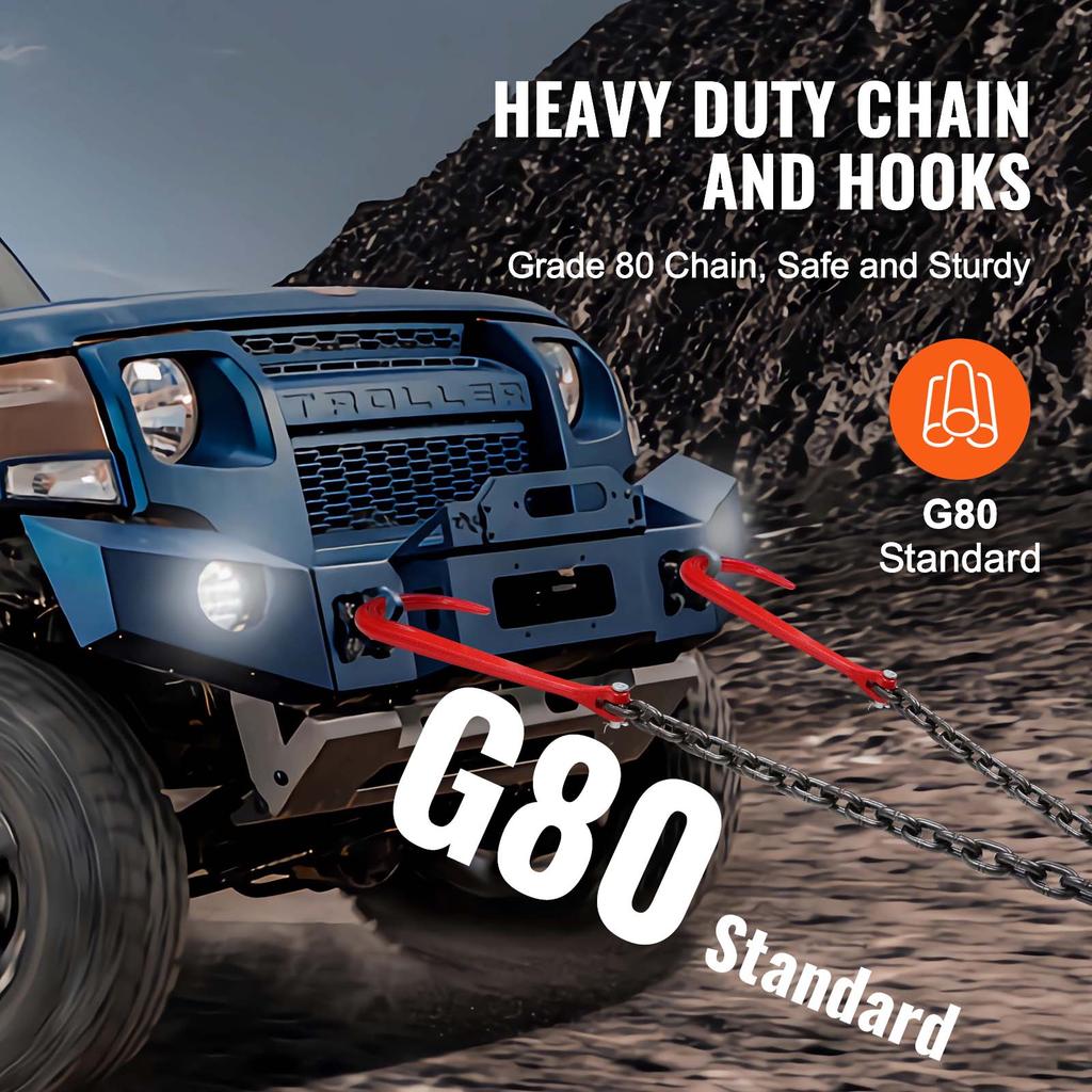 SucceBuy G80 V Bridle Chain Towing Chain Bridle with 15" J Hooks & Grab Hooks Transport Tow Chains for Flatbed Trailer Wrecker