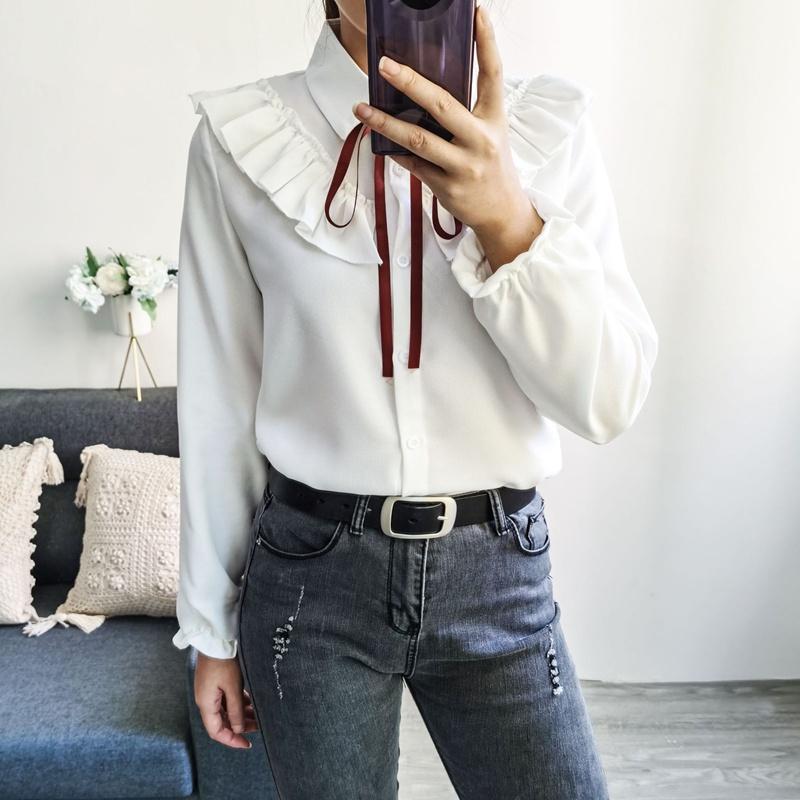 

Шифоновая рубашка с длинным рукавом с отложным воротником и бантом, универсальные однотонные блузки