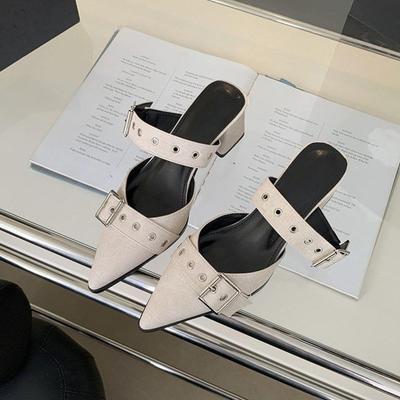 2025 Spring Pointed Head Low Heel Bag Head Sandals Women's Design Sense Superior Comfort Foreign Style Word with Thick Heel Rivets Half