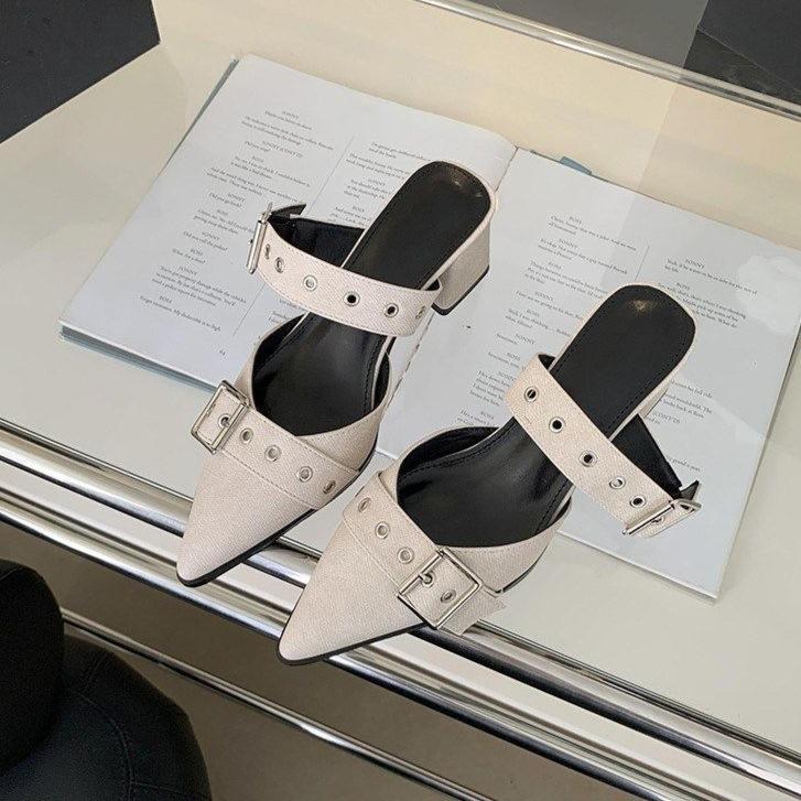 2025 spring pointed head low heel bag head sandals women's design sense superior comfort foreign style word with thick heel rivets half