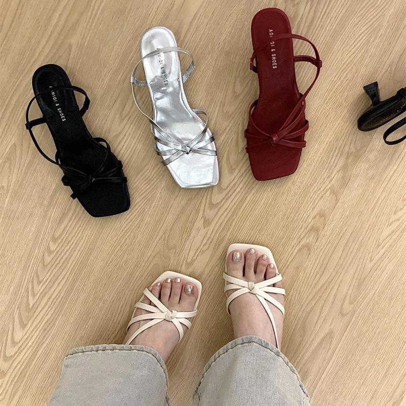 Retro temperament versatile square head crossed open-toed sandals women's summer wear high heels with skirt stiletto Roman shoes