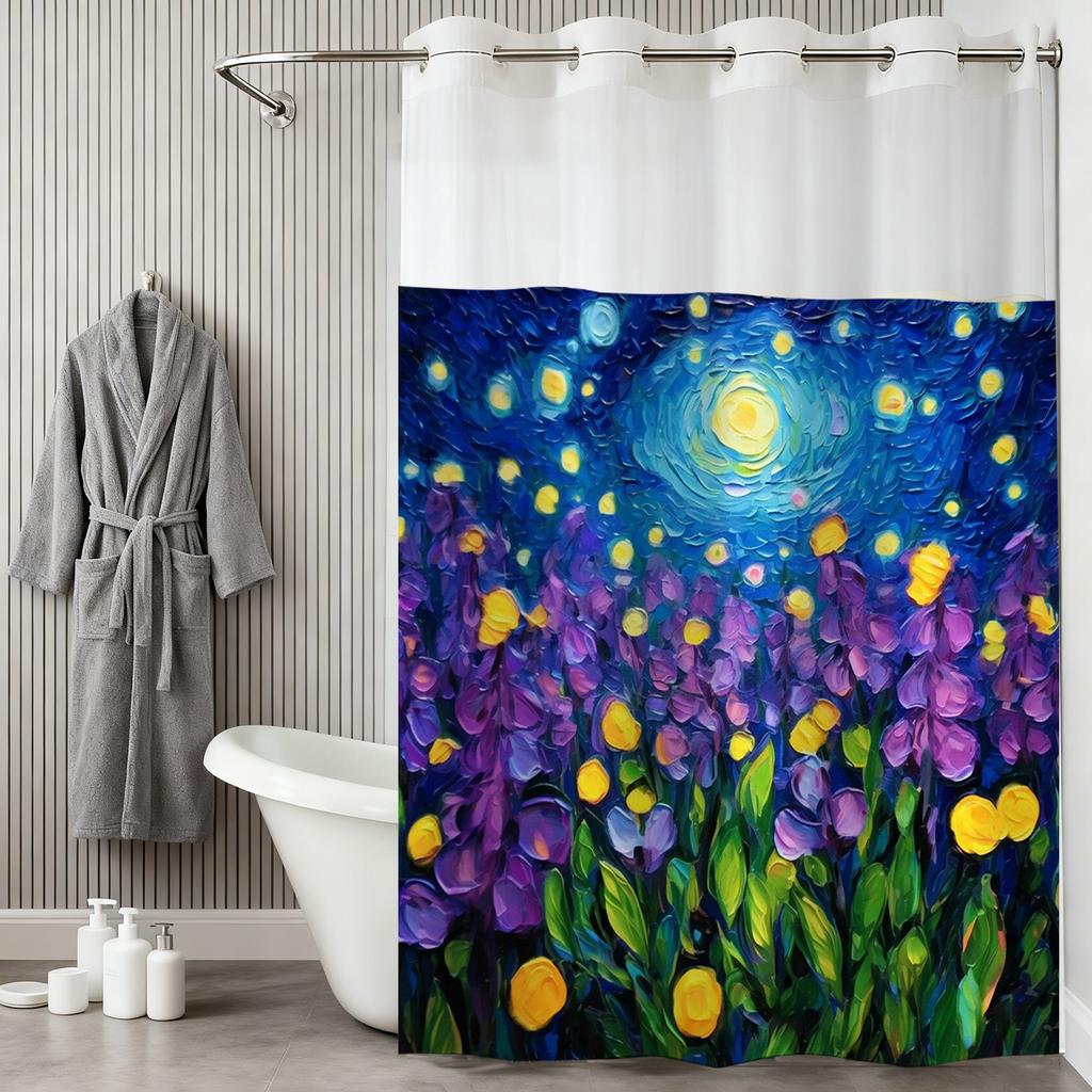 No Hook Sky Colored Drawing Shower Curtain With Snap-In Fabric Liner Sheer Top Window, Double Layer Bathtub Curtain