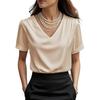 Damen T-Shirt Einfarbige Lockere Passform Glattes Satin V-Ausschnitt Kurzarm Oberteile Sommer Lässiges T-Shirt Tägliche Kleidung