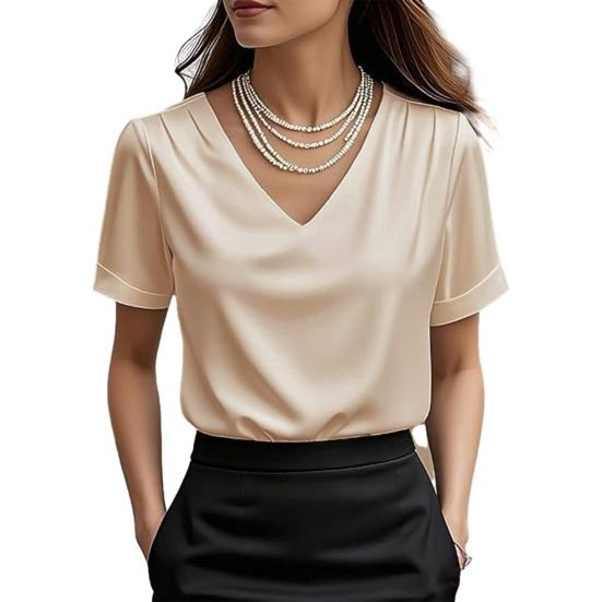 

Women T-shirt Solid Color Loose Fit Smooth Satin V-Neck Short Sleeve Tops Summer Casual Tee Shirt Daily Wear M абрикосовый
