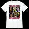 Classic Horror Mens Tshirt  with A Classic Style Featuring Patterns of Frankenstein and Werewolves on The Shirt