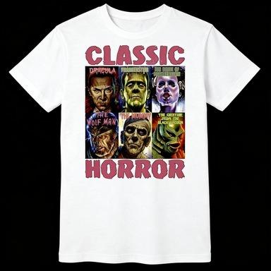 Classic Horror Mens Tshirt with A Classic Style Featuring Patterns of Frankenstein and Werewolves on The Shirt