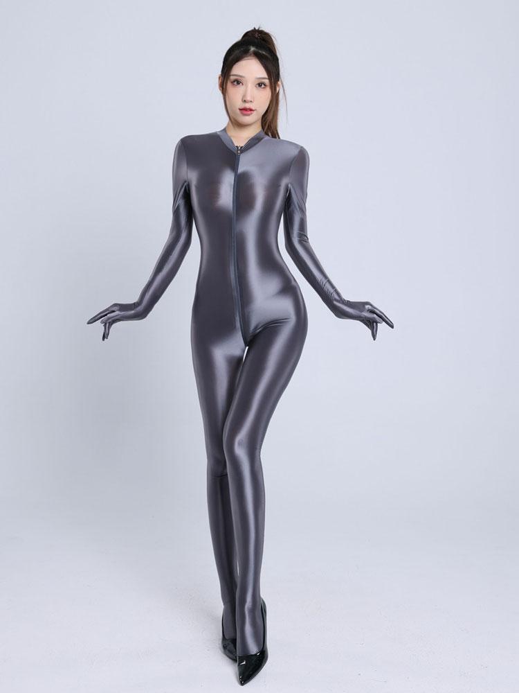 Doppelreißverschluss Offener Schritt Sexy Body Durchsichtige Bodysuits Glänzend Glänzende Strumpfhosen Elastische Formgebende Ganzkörper-Overalls Mit Handschuhen